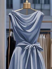 Franclia Váy bó eo màu trơn thanh lịch dành cho nữ - Màu xanh lam - Xem 3