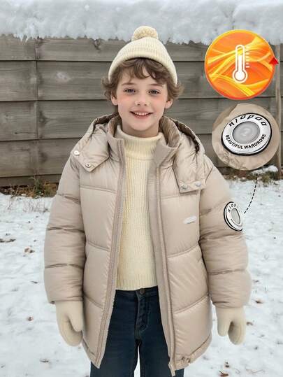 SHEIN Tween Boy Loose Casual Minimalist Comfortable Hooded Embroidered Decoration Thick Padded Coat, Autumn/Winter Fall