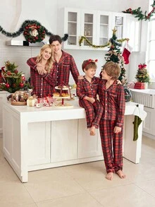 2pcs Christmas Plaid Comfortable Family Matching Pajama Set, Long Sleeve Top And Pants, Button-Up, Suitable For Loungewear And Outerwear, Men, Fall Winter Clothes