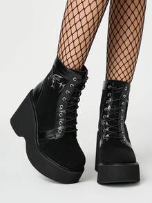 ROMWE Grunge Punk Giày bốt cổ cao đế dày buộc dây dành cho nữ, giày bốt đế dày thêu họa tiết phong cách Gothic Punk bằng da lộn - màu đen - Xem 3