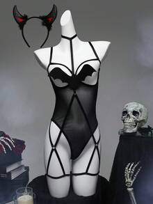 Fantasy Costume Fantasy Costume Bộ đồ liền thân Halloween hình dơi và ác quỷ 3D có đường cắt chéo ngực, trang phục lót gợi cảm cho câu lạc bộ tiệc tùng dành cho nữ - màu đen - Xem 6
