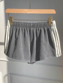 Comfortcana Quần short ống rộng dệt kim màu xám, họa tiết sọc chắp vá, thường ngày mùa hè dành cho nữ - Xám - Xem 5