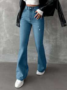 EURMUSE 98%Cotton Zipper Fly Distressed Bell Bottom Jeans - Blue - View 3