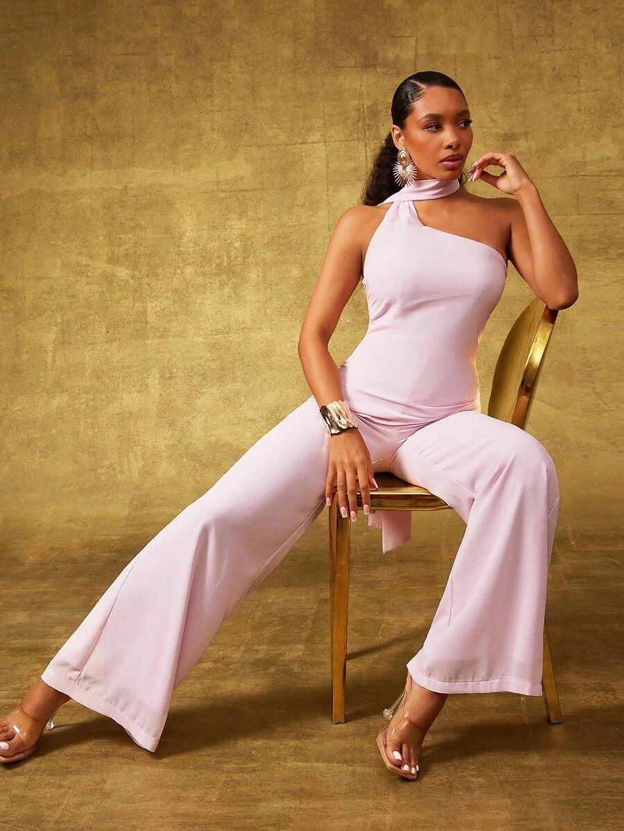 Vixey Chiffon One Shoulder Scarf Detail Sleeveless Wide Leg Jumpsuit