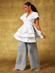 Vixey Solid Taffeta Layered Peplum Hem Wrap Around Top - White - View 6