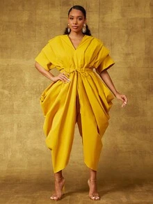 Vixey Mono con pierna de harén, cintura con cordón y detalles de pliegues y recogido - Amarillo - Ver 4