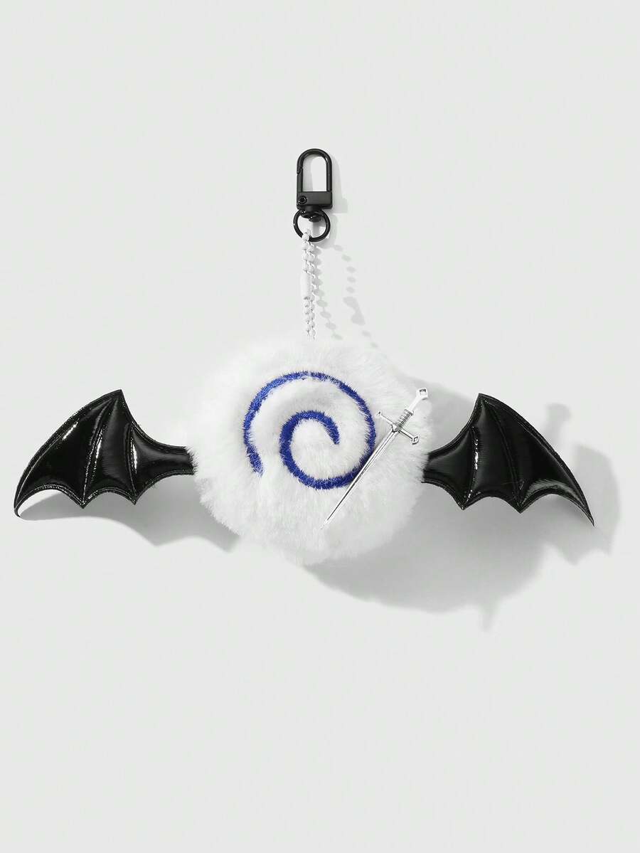ROMWE Goth 1 件日式复古哥特式可爱黑暗恶魔天使翅膀毛绒漩涡十字剑装饰 DIY 串珠钥匙扣包饰，适合女士/女孩日常佩戴，节日礼物 - 彩色 - 查看 1