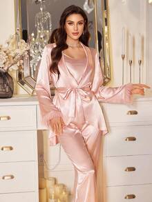 LuxeNights 3 件套女士优雅缎面拼布仿皮草吊带背心上衣和睡袍和裤子睡衣套装，秋季服装 - 粉色 - 查看 6