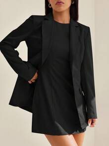 SHEIN PETITE 女式两件套复古优雅连衣裙西装外套套装休闲装女式夏季服装两件套女式度假服装白色连衣裙女式白色连衣裙两件套女士白色上衣商务休闲女式婚礼宾客礼服女式复活节夏装女式春季服装女式套装女式两件套复活节连衣裙女式生日服装女式春假优雅连衣裙女式办公室服装 - 黑色 - 查看 5