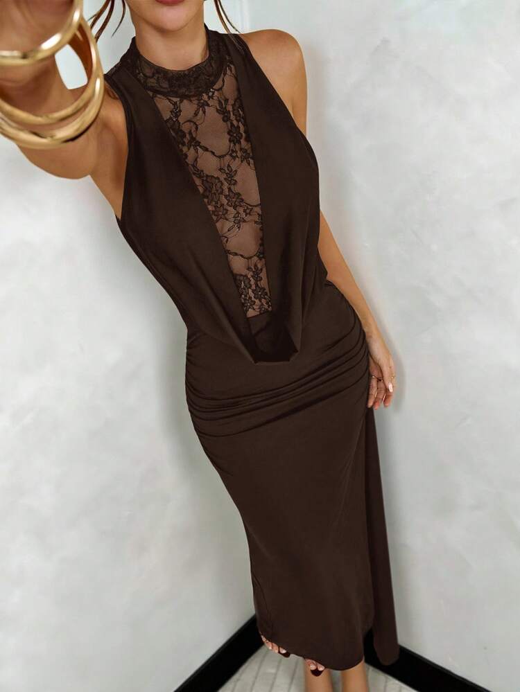 black lace dress shein SHEIN BAE Black Lace Plunging Neck Bodycon Dress, Black Lace Dress