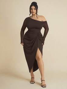 SHEIN BAE 大码女式褶饰网眼长袖半透明连衣裙 - 咖啡棕 - 查看 5