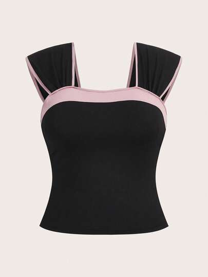 SHEIN Qutie Plus Size Women Casual Colorblock Design Cute Fitted T-Shirt