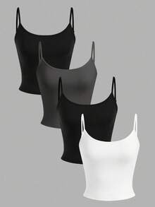 SHEIN EZwear 4 件套女士短款紧身休闲背心，适合夏季 - 彩色 - 查看 1