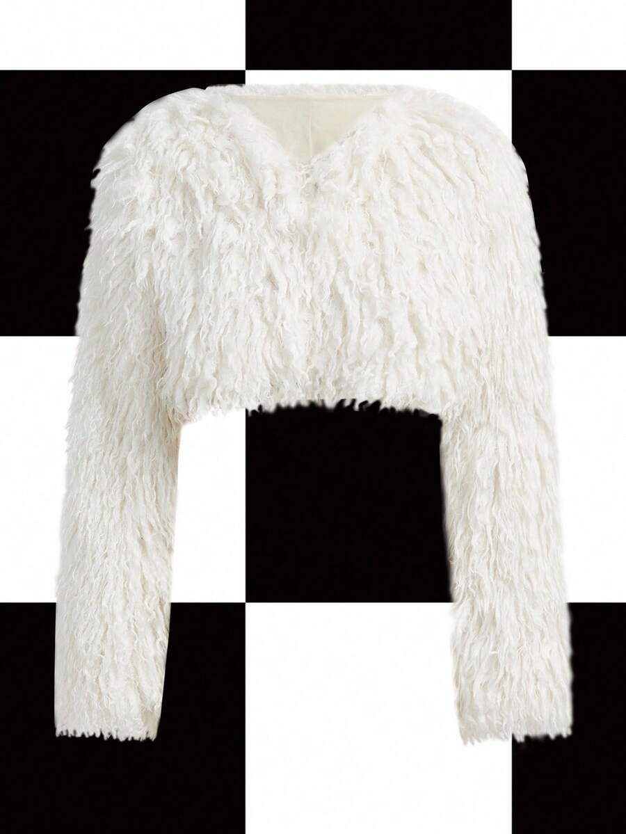 Y2Kool 女士短款仿皮草长袖外套，适合秋冬季节、派对、上学、休闲、朋克Y2K风格。皮草上衣短款外套，皮草外套搭配灵感，图案外套搭配灵感，时尚服装系列，新年穿搭。 - 米色 - 查看 1