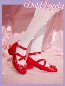 Dola Lovely 女士蝴蝶结玛丽珍鞋，圆头扣带粗跟浅口鞋，时尚百搭白色鞋子 - 紅色 - 查看 5