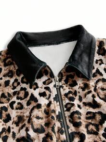 Y2Kool BiGraphic Women's Leopard Print Velvet Contrast Color Loose Jacket, Suitable For Autumn/Winter, Y2K Back To School Street Style Winter Casual Stylish Collection New Year - Coffee Brown - View 4