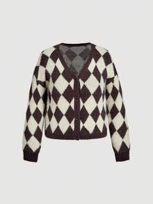 SHEIN MOD Women's Plus Size Classic Plaid Knit V-Neck Cardigan,Brown Autumn Fuzzy Sweater Jacket,2000's School Back-To-School Coffee & Apricot Loose Outerwear - Multicolor - View 7