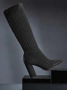 SHUZIA 女士时尚舒适及膝弹力针织粗跟靴 - 黑色 - 查看 2