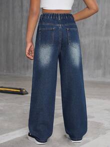 Tween Girls' Comfortable & Versatile Street Style Washed Dark Blue Distressed Loose Waist Jeans Fall Winter - Dark Wash - View 2