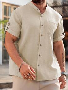 Manfinity Homme Camisa casual de manga corta de un solo pecho con unicolor talla grande para hombres - Albaricoque - Ver 5