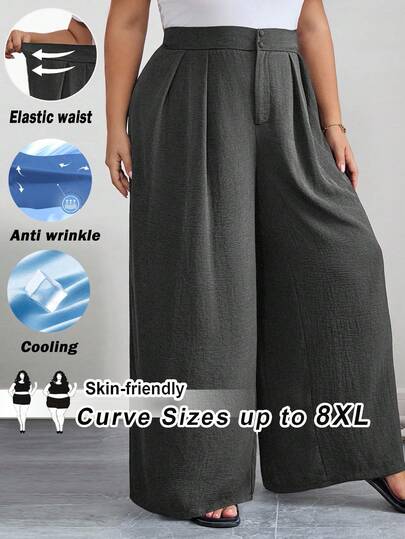 SHEIN CURVE+ Ropa de oficina para mujer talla grande, pantalones rectos de cintura alta de color negro, minimalista y de moda, adecuados para uso diario