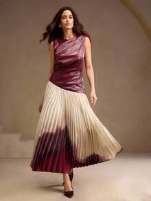 Anewsta Beige Autumn Elegant Dining Women's High-End Sleeveless Leather Jacket Patchwork Gradient Floral Pleated Long Dress,Spring Formal Party New Year Dress - Burgundy - View 3