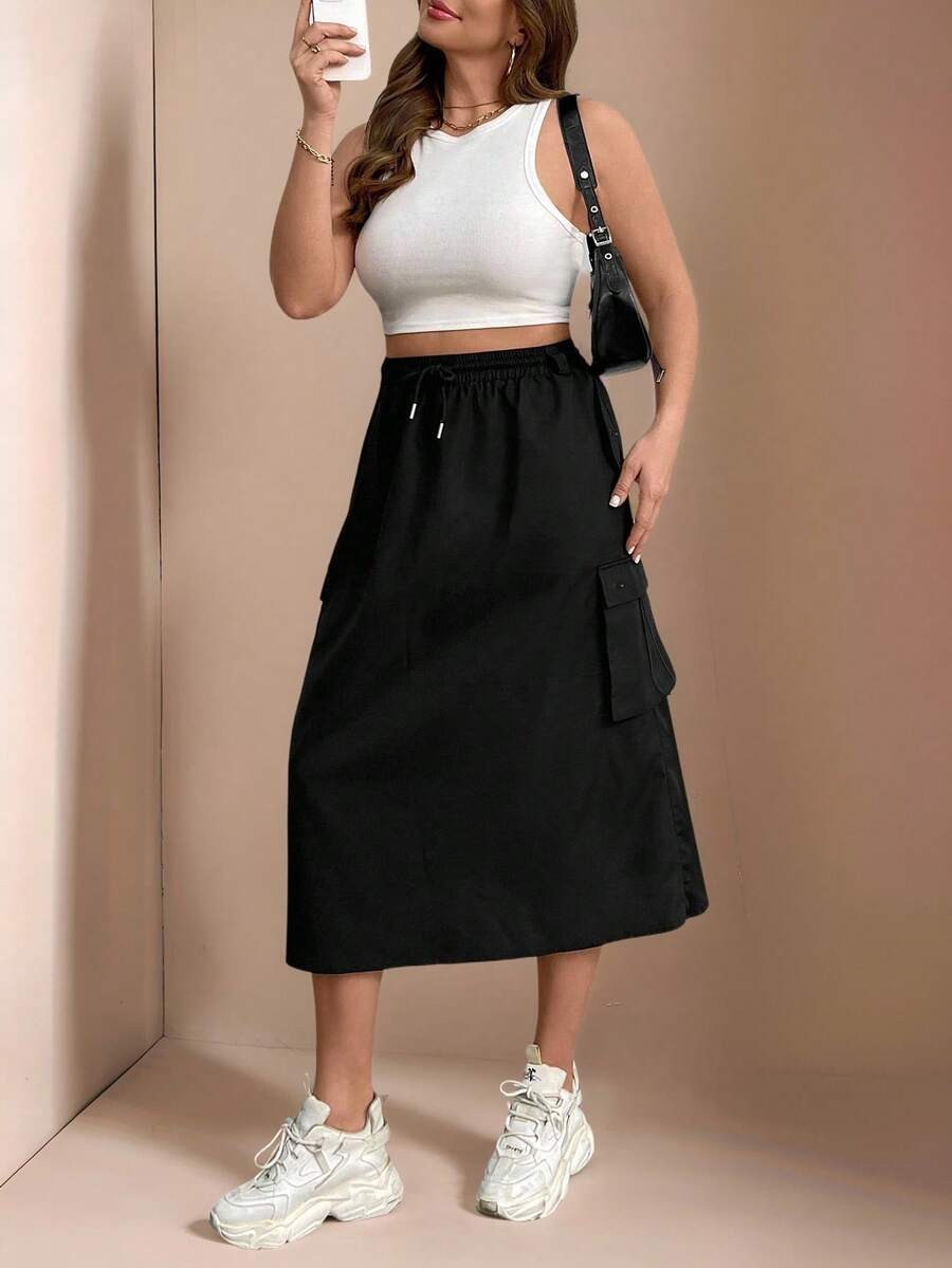 Juhart 大码女式纯色抽绳腰工装裙