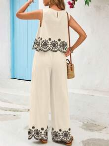 Vivid Eden 女士优雅棉质刺绣吊带背心和裤子两件套 - 白色 - 查看 2