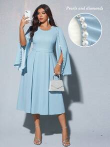 Viva Relle 大码女式优雅宴会、派对、迷人活动圆领钻石装饰腰部喇叭长裙（随机水钻装饰） - 藍色 - 查看 1