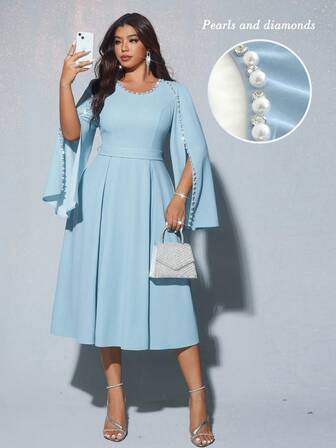 Viva Relle 大码女式优雅宴会、派对、迷人活动圆领钻石装饰腰部喇叭长裙（随机水钻装饰）