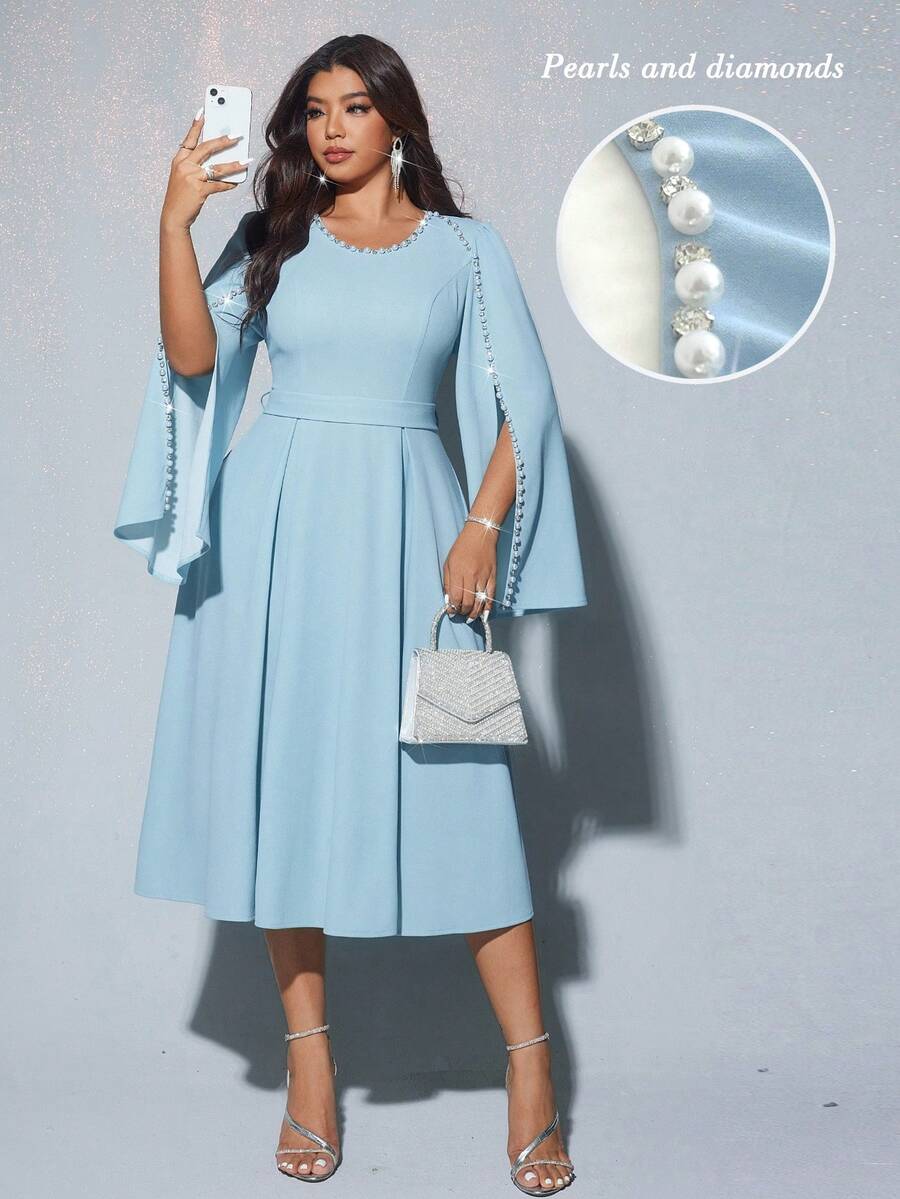 Viva Relle 大码女式优雅宴会、派对、迷人活动圆领钻石装饰腰部喇叭长裙（随机水钻装饰） - 藍色 - 查看 1