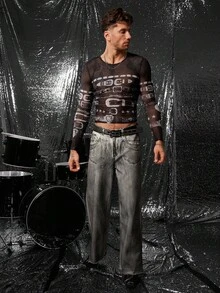 FeverCity Men Fashionable Mesh Patterned Fitted Casual Daily T-Shirt, Fall