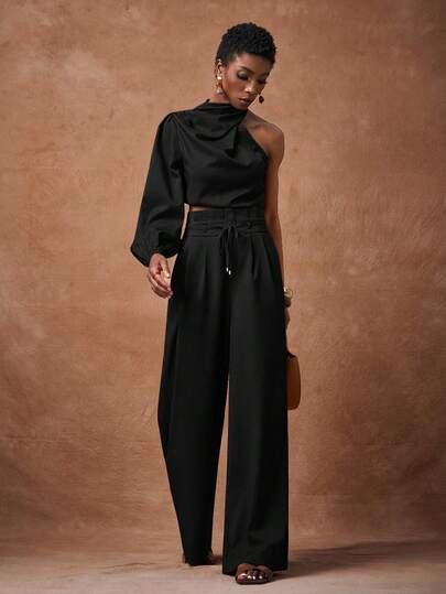 Zivah 2025 Summer And Autumn New Elegant Commuter Brown One-Shoulder Swing Collar Long-Sleeved Short Shirt + High-Waisted Wide-Leg Pants Women Two Pieces Set, Daily Travel, Shopping, Commuting, Vacation, Casual, Elegant, Festival, Date, Graduation, Brunch Outfit, Airport Outfit,Cozy Fall And Winter Clothes For Women