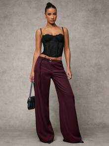 SHEIN BAE Women's Gray Solid Color Casual, Commuting, Leisure, Daily Casual Waist Eyelet Decor Drawstring Loose Wide Leg Pants - Maroon - View 3
