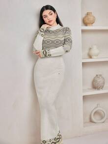 Veilorie 女士几何提花加长针织连衣裙，秋冬 - 白色 - 查看 5