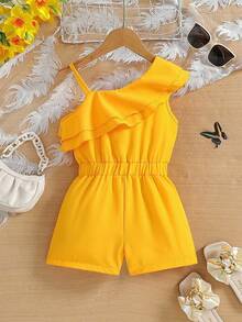 SHEIN Mono con cuello asimétrico y dobladillo con volantes en un unicolor para niña joven - Amarillo - Ver 2