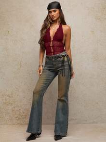 SHEIN BAE 女士性感蕾丝吊带露背紧身衣，夏季 - 酒紅色 - 查看 3