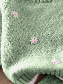 SHEIN Vintaside Kids 2 件套女婴刺绣毛衣和阔腿裤套装，休闲针织服装，适合游乐场、家庭活动、户外摄影