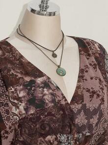 SHEIN ICON 加大码 V 领佩斯利印花褶饰 A 字形连衣裙，波西米亚风、嬉皮风、Y2K 风格，适合秋季、波西米亚风、暑假、音乐节、返校服装、夏装 - 彩色 - 查看 6