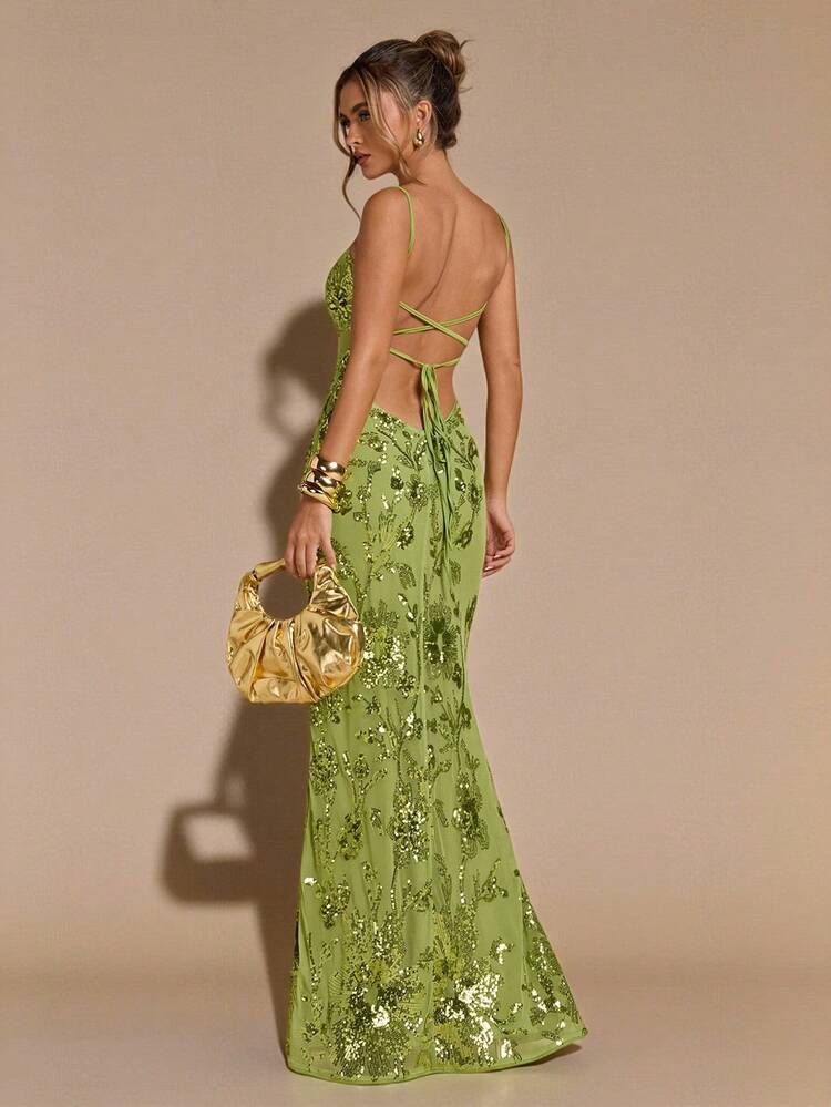 SHEIN BAE Vestido maxi con tirantes de lazo, espalda descubierta, bordado floral 3D y lentejuelas en color verde sólido para primavera/verano, vestido de vacaciones, vestido para cita de San Valentín, vestido de dama de honor, vestido de gala de cumpleaños con lentejuelas, vestido maxi con espalda descubierta, adecuado para fiesta, discoteca y ocasión formal - Verde - Añade 2