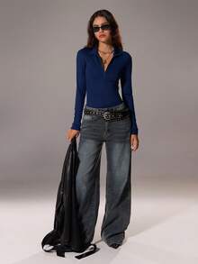 TRNVIE 女士休闲纯色长袖紧身衣 - 藏蓝色 - 查看 7