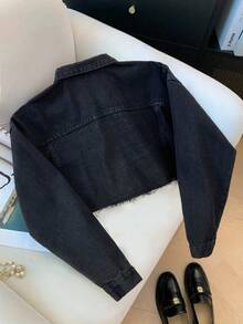 Elamini 翻蓋口袋毛邊短款牛仔夾克 - 黑色 - 查看 2