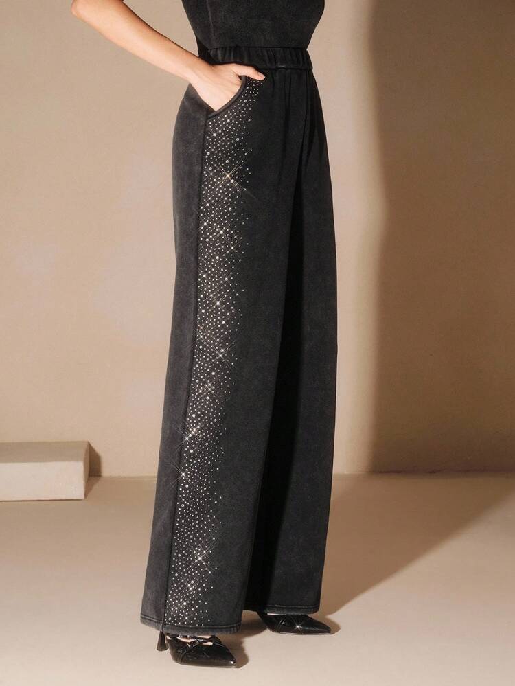 Calça de Moletom Feminina com Decoração de Strass, Cintura Elástica, Estilo Casual Urbano, Adequada para Outono, Inverno, Ano Novo, Elegante, Chique, Estilosa, Natal, Sair