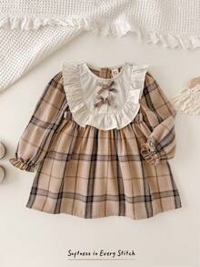 Cozy Pixies Baby Girl Brown Plaid Bow Contrast Color Peter Pan Collar Long Sleeve Waist Dress Fall Winter