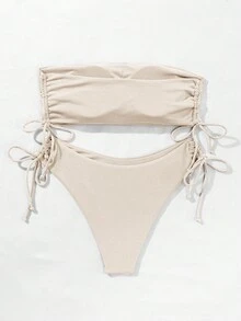 Swim Basics Summer Beach Ribbed Bikini Set Drawstring Side Bandeau Top & Tie Side Bottom 2 Piece Bathing Suit - Apricot - View 2