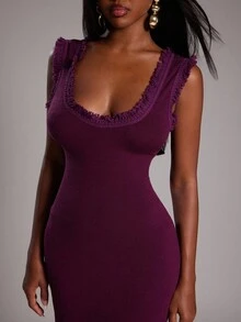 NYA SZN 连衣裙短袖深 V 领开衩流苏细节修身紧身特殊场合约会婚礼宾客生日夜晚外出秋冬适合通勤针织女装 - 粉色 - 查看 5