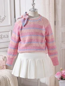 Tween Girls' Bow-Accent Sweaters Thick Long-Sleeve Loose Knit Pullovers Autumn/Winter School Everyday Pink And Purple Striped Cute - Pink - View 3
