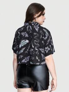 ROMWE Gothic Floral Print Tie Front Loose Cropped Shirt For Women - Multicolor - View 3