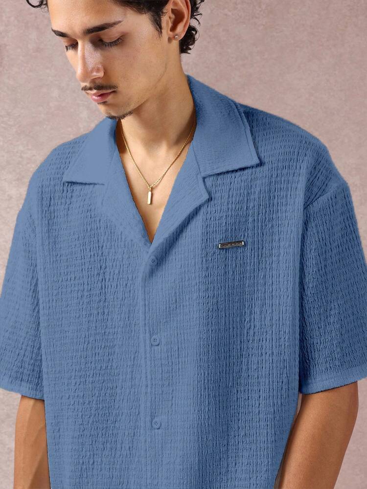 Textured Camp Collar Button Down Shirt With Short Sleeves