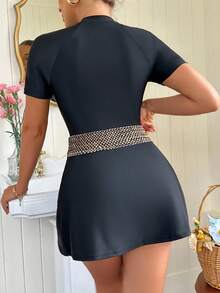 Swim Mulvari 1pc Women's One-Piece Swimsuit With Zipper Front, Black With Gold Trim, Elegant & Conservative, Suitable For Spring/Summer, Beach, Party - Multicolor - View 2